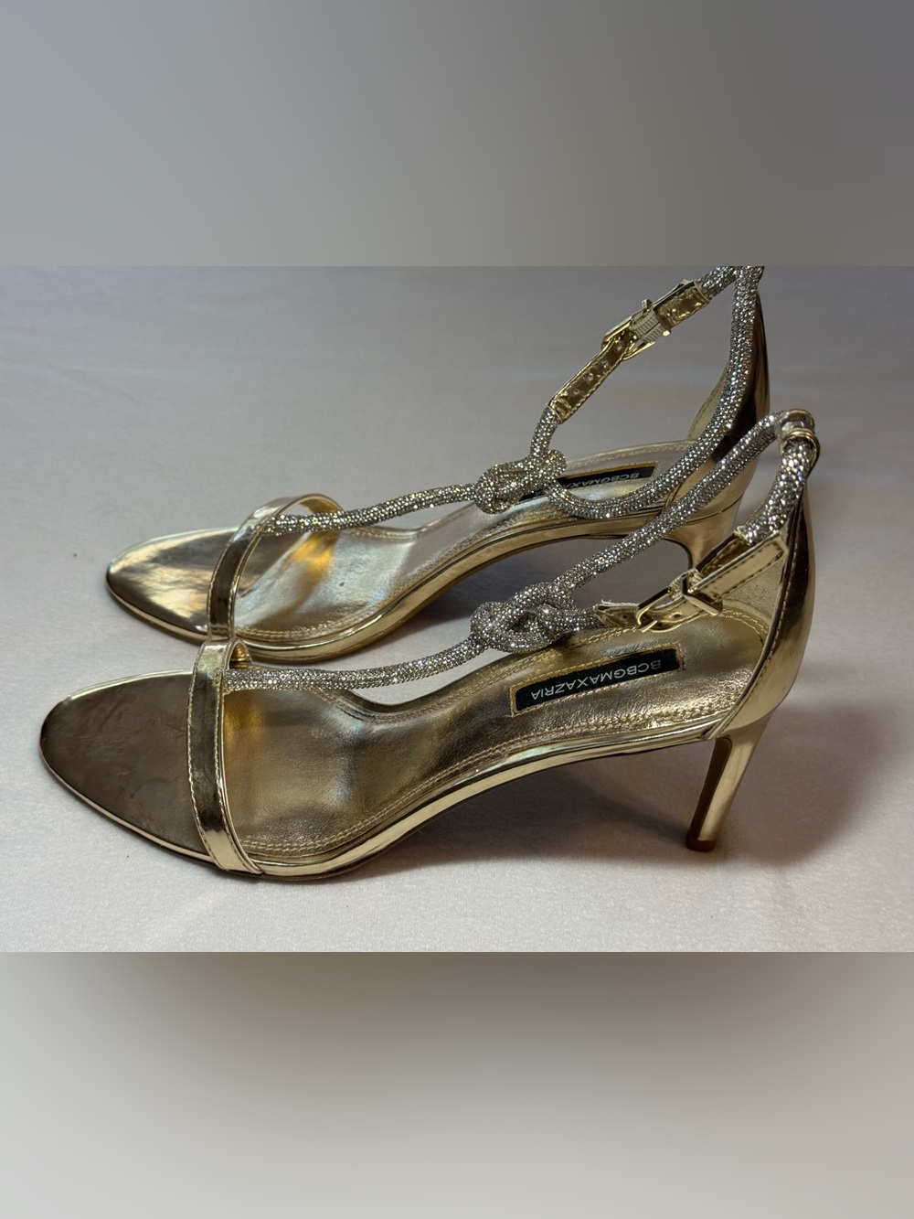 New BCBG Gold & Rhinestone Open Toe Heels. Size 7.